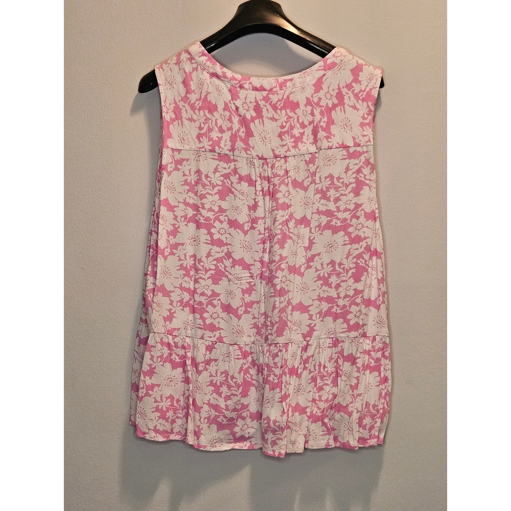 LOFT Pink White Floral Sleeveless Peplum Blouse XL Hibiscus Print Tiered Top - Picture 3 of 5
